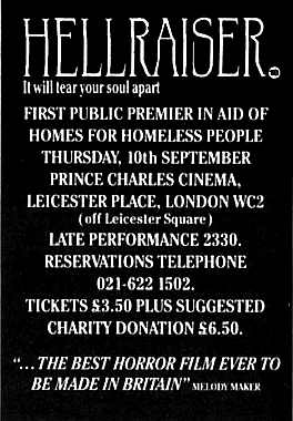 Press advert for Hellraiser's 10 September 1987 
premiere