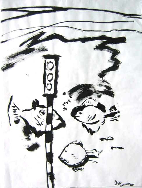 Clive Barker - Brush and ink working of Chickentown under water